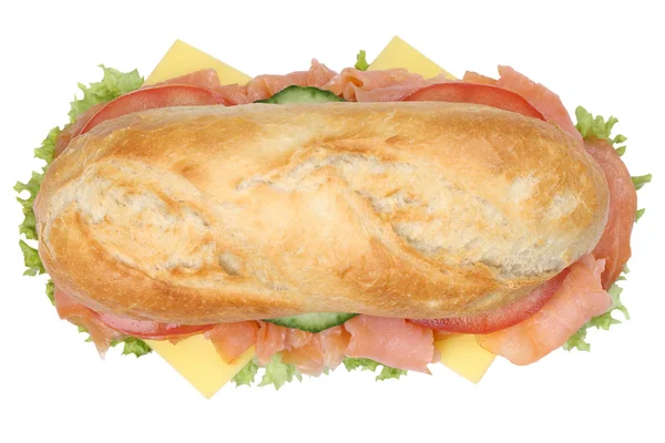 Sub deli sandwich baguette con pesce salmone vista dall'alto isolato — Foto Stock