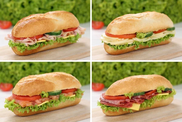 Colección de sub delicatesswiches baguettes con jamón, salami y —  Fotos de Stock