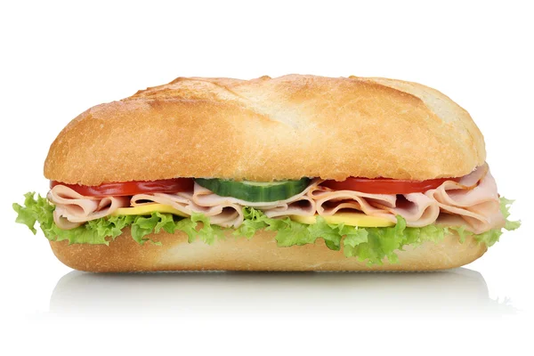 Sub deli sandwich baguette with ham side view isolated — Stock Photo, Image