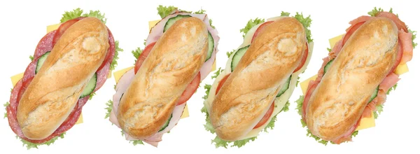 Collection of sub deli sandwiches baguettes with ham and cheese — Stock Photo, Image