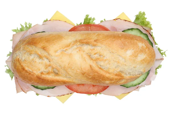 Sub deli sandwich baguette con prosciutto vista dall'alto isolato — Foto Stock