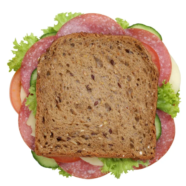 Pão de sanduíche para café da manhã com salame vista superior isolado — Fotografia de Stock