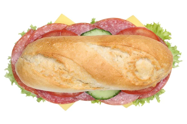 Sub deli sanduíche baguete com salame vista superior isolado — Fotografia de Stock