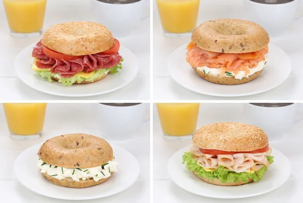 Coleção de bagels para café da manhã com presunto de salame, salmão, oran — Fotografia de Stock