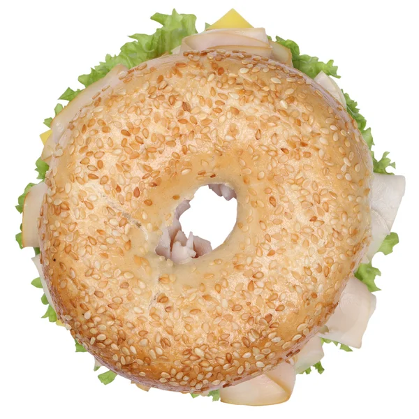 Sanduíche de bagel com presunto com vista superior isolada — Fotografia de Stock