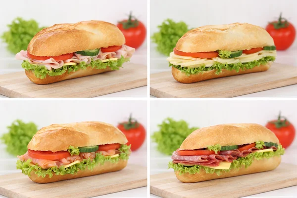 Coleção de sub deli sanduíches baguetes com salmo de presunto de salame — Fotografia de Stock