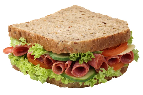 Sandwich Toastbrot zum Frühstück mit Salami Schinken isoliert — Stockfoto