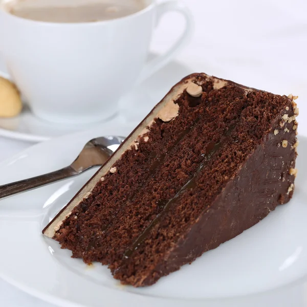 Hot fresh coffee and sweet cake chocolate tart dessert — Stock Photo, Image