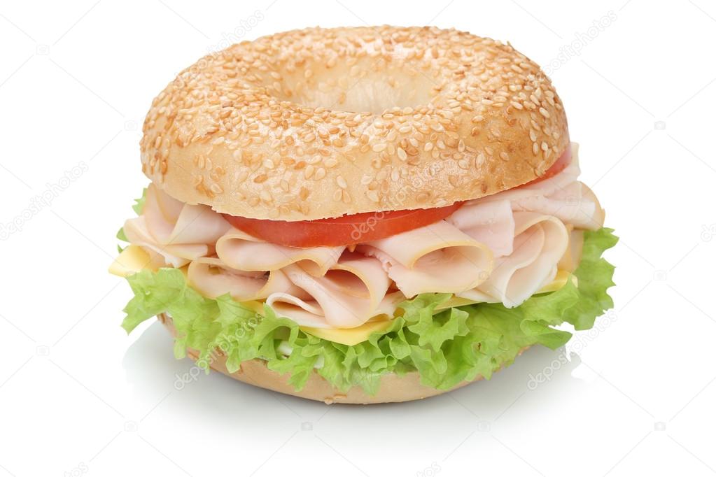 Bagel sandwich with ham isolated