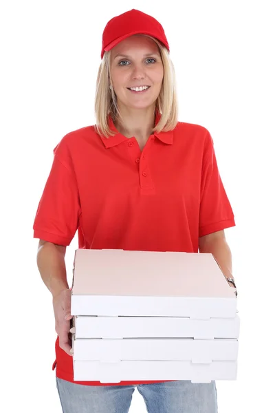 Pizza entrega mujer orden entrega trabajo joven aislado — Foto de Stock