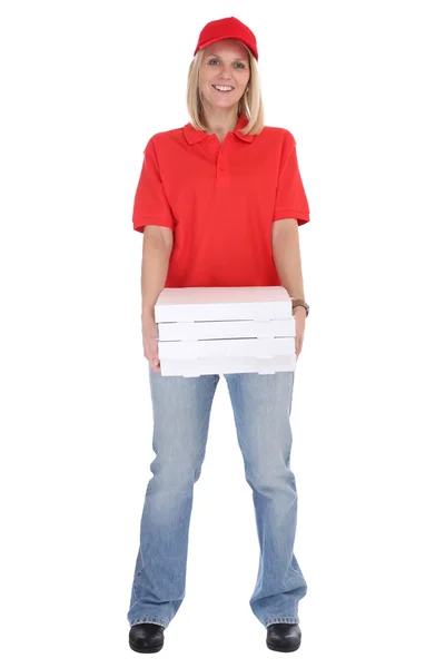 Pizza entrega mujer orden entrega trabajo joven cuerpo completo isolat — Foto de Stock