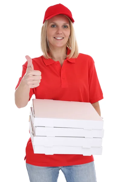 Pizza entrega mujer orden entrega pulgares hacia arriba trabajo joven isolat — Foto de Stock