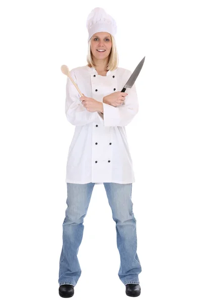 Cook cooking with knife job young full body isolated — Stock Photo, Image