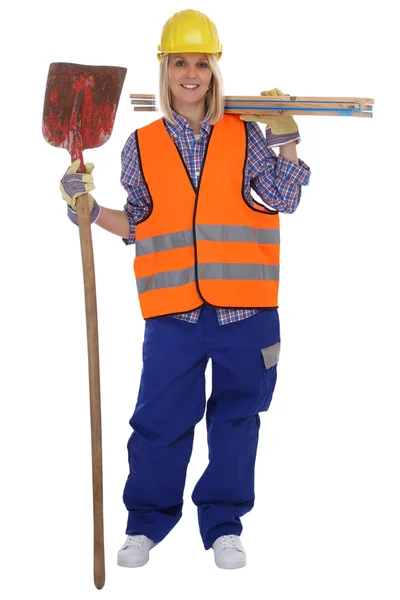 Jovem mulher trabalhadora de construção trabalho corpo inteiro isolado — Fotografia de Stock