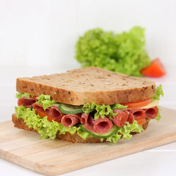 Healthy eating sandwich toast bread for breakfast with salami — Stock Photo, Image