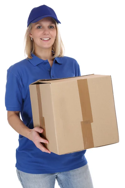Paketzustellung service box paket frau auftrag liefern job y — Stockfoto