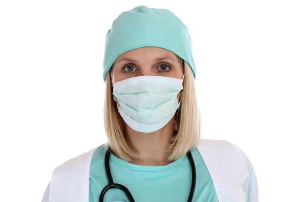 Unga läkare kvinna stående med ansikte mask ockupationen jobb isolat — Stockfoto