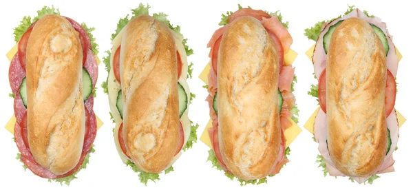 Collection of sub sandwiches baguettes with salami, ham and chee — Stock Photo, Image