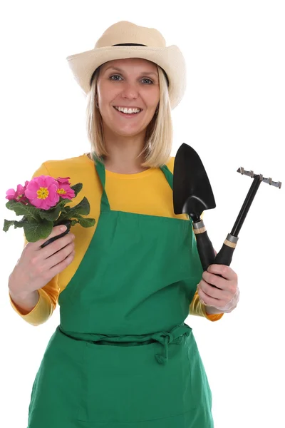 Jardineiro gardner jovem mulher com jardim de jardinagem flor ocupar — Fotografia de Stock