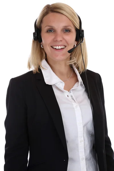 Lachende vrouw met hoofdtelefoon telefoon telefoongesprek center secretaresse — Stockfoto