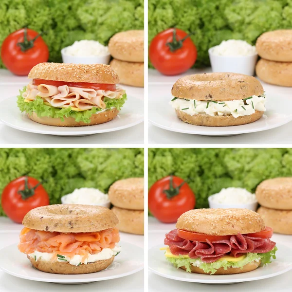 Gesunde Ernährung Sammlung von Bagels mit Frischkäse, Lachs, — Stockfoto