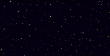 Pırıl pırıl parlayan yıldızlı gece gökyüzü. Gece uçuşan ateş böcekleri, koyu mavi arka planda sarı parıltılar..