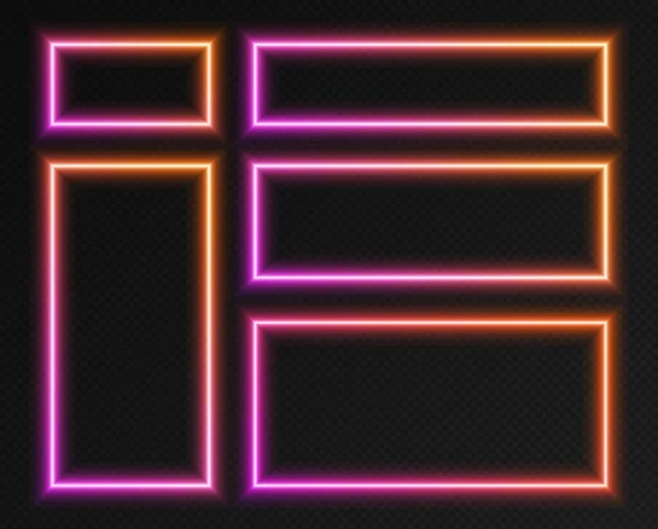 Neon gradiens téglalap alakú keretek, rózsaszín-narancssárga ragyogó határok gyűjteménye. Színes, megvilágított lobogók. — Stock Vector
