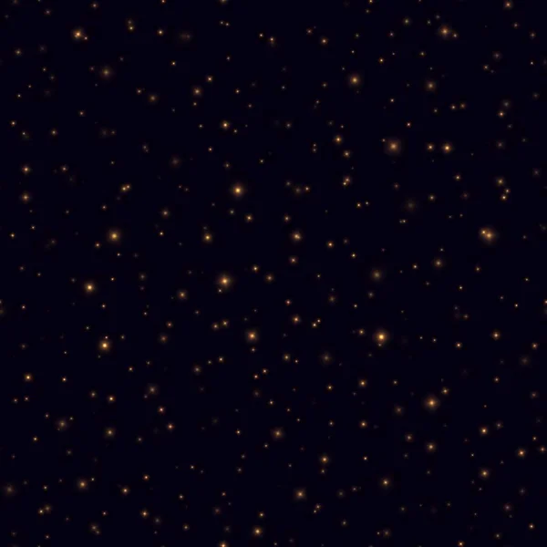 Pırıl pırıl parlayan yıldızlı gece gökyüzü. Gece uçuşan ateş böcekleri, koyu mavi arka planda sarı parıltılar..