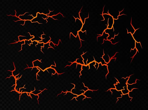 Fisuras volcánicas con magma caliente, grietas en el suelo con lava fundida aislada sobre un fondo negro. — Archivo Imágenes Vectoriales