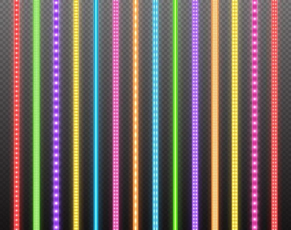 Színes LED csíkok gyűjtemény, fényes fényes szalagok elszigetelt átlátszó háttérrel. Reális neonkoszorúk. — Stock Vector