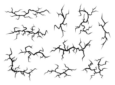 Siyah zemin çatlakları beyaz arka planda izole edilmiş. Soyut volkanik çatlaklar ayarlandı.