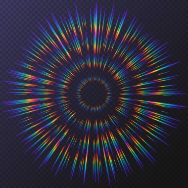 Işık kırılması çerçevesi, gökkuşağı güneş ışığı efektli arkaplan, şeffaflığı olan holografik ışınlar.
