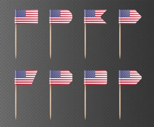Bandeiras de palito de dentes dos EUA isoladas em um fundo escuro. Decoração para o dia da independência 4 de julho. — Vetor de Stock