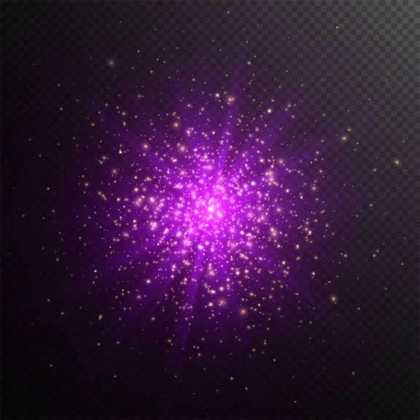 Esplosione di stelle viola con scintille gialle, starburst cosmico, effetto luce vettoriale. — Vettoriale Stock