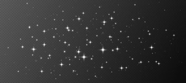 Beyaz parıldayan yıldızlar, parlak parçacıklar ışık efekti, şeffaf uçan yıldız tozu dokusu, soyut ışıldayan Noel süslemesi. Vektör illüstrasyonu.