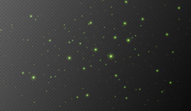 Yeşil parıldayan yıldızlar, parlak parçacıklar ışık efekti, şeffaf uçan yıldız tozu dokusu, soyut ışıldayan Noel süslemesi. Vektör illüstrasyonu.