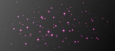 Pembe parıldayan yıldızlar, parlak parçacıklar ışık efekti, şeffaf uçan yıldız tozu dokusu, soyut ışıldayan Noel süslemesi. Vektör illüstrasyonu.