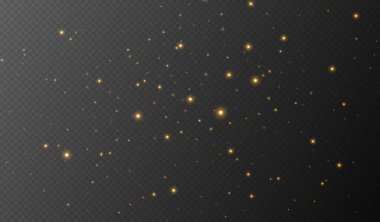 Altın parıldayan yıldızlar, parlak parçacıklar ışık efekti, şeffaf uçan yıldız tozu dokusu, soyut ışıldayan Noel süslemesi. Vektör illüstrasyonu.