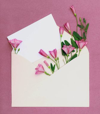 Bouquet of pink wildflowers in an envelope on a pink background. Greeting card with place for design.