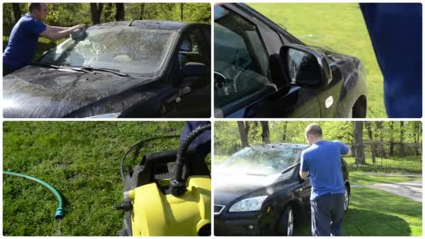 Homme lave voiture avec éponge et outils haute pression. Collage clip — Video