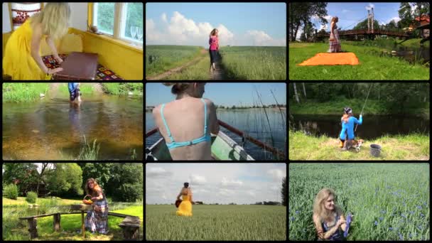 Lycklig kvinna tillbringa semester i naturen. aktiv fritid. collage — Stockvideo