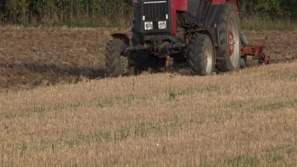 Çiftçi eski traktör ile bahar sezonunda anız alan pulluk. 4k — Stok video