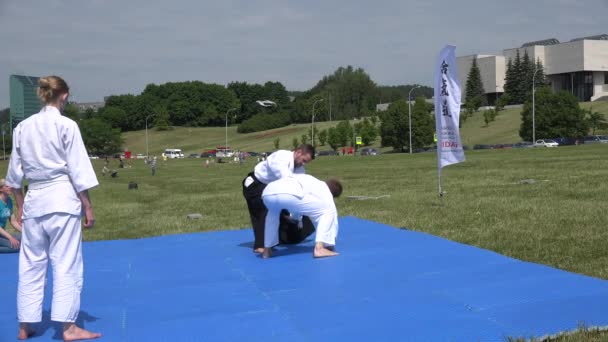 Aikido trener Pokaż walki ćwiczenia na mat w zieleni parku. 4k — Wideo stockowe