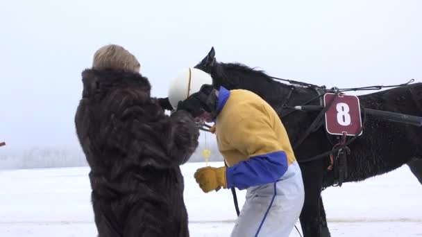 O vencedor da corrida de cavalos recebe prêmio de copa e medalha no hipódromo nevado de inverno. 4K — Vídeo de Stock