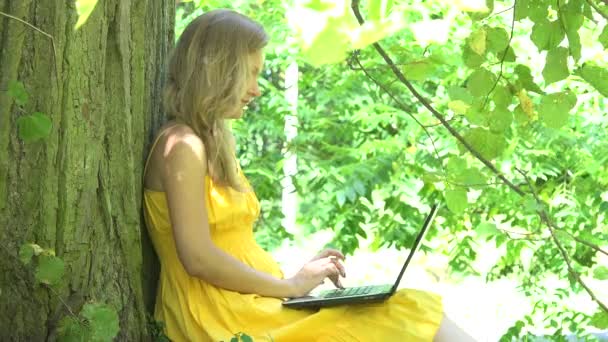 Blonde female in yellow dress chatting on notebook computer sitting lean on park tree. 4K — Stock Video