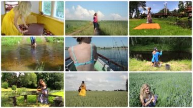 Neşeli kadın doğada tatil geçirmek. Etkin boş. Kolaj