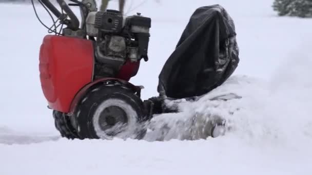 Snöröjning med snöslungan utrustning från trottoaren i lägenhethus gård. 4k — Stockvideo