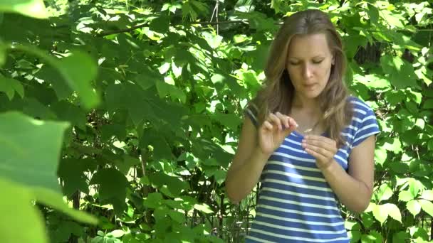 Улыбающаяся женщина вытаскивает лепестки из маленького цветка ромашки с надеждой в парке. 4K — стоковое видео