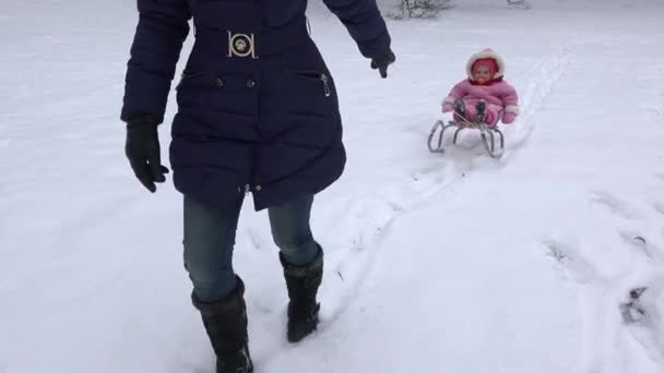 Μητέρα pull μωρό κόρη στο έλκηθρο κατά μήκος χιόνι στο χειμερινό θέρετρο. Χειρός. 4k — Αρχείο Βίντεο