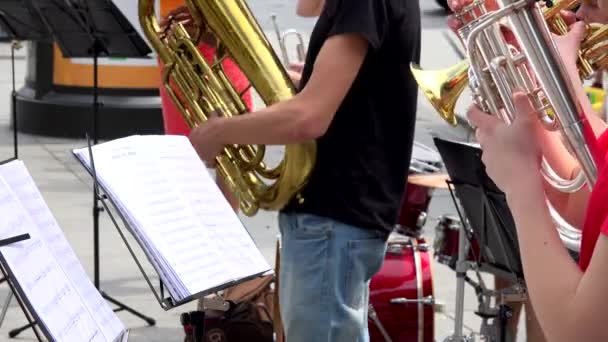 Young musicians group perform music with wind instruments from notes. — Stock Video